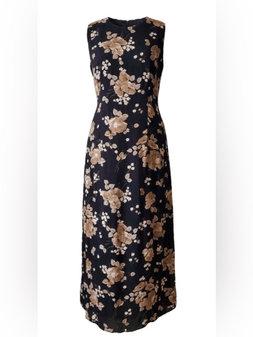 Talbots Sleeveless Black Maxi Dress with Beige Floral Print